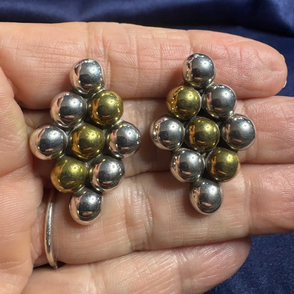 Earrings TAXCO Solid Sterling Silver and Gold Ball Marquise Shape Design - Picture 6 of 9